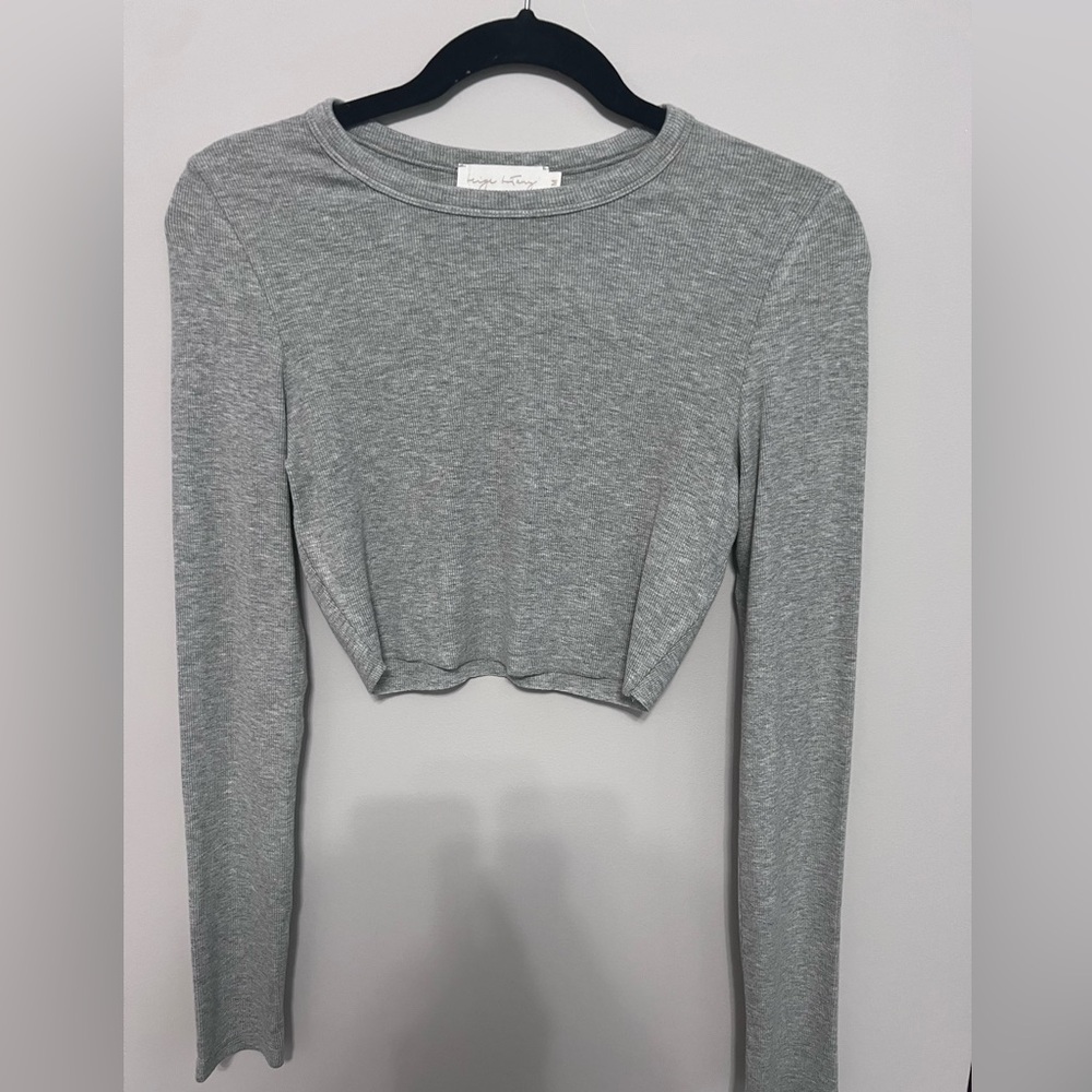 Beige Botany Stylish Gray Long Sleeve Ribbed Crop Top, Size M